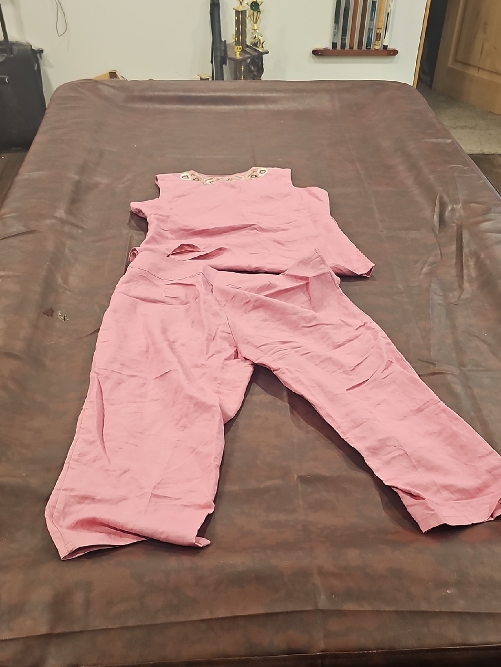 N Pink Embroidered Flowers Suit Sz 16 Appraisal Business Boho Casual Linen - Picture 2 of 4